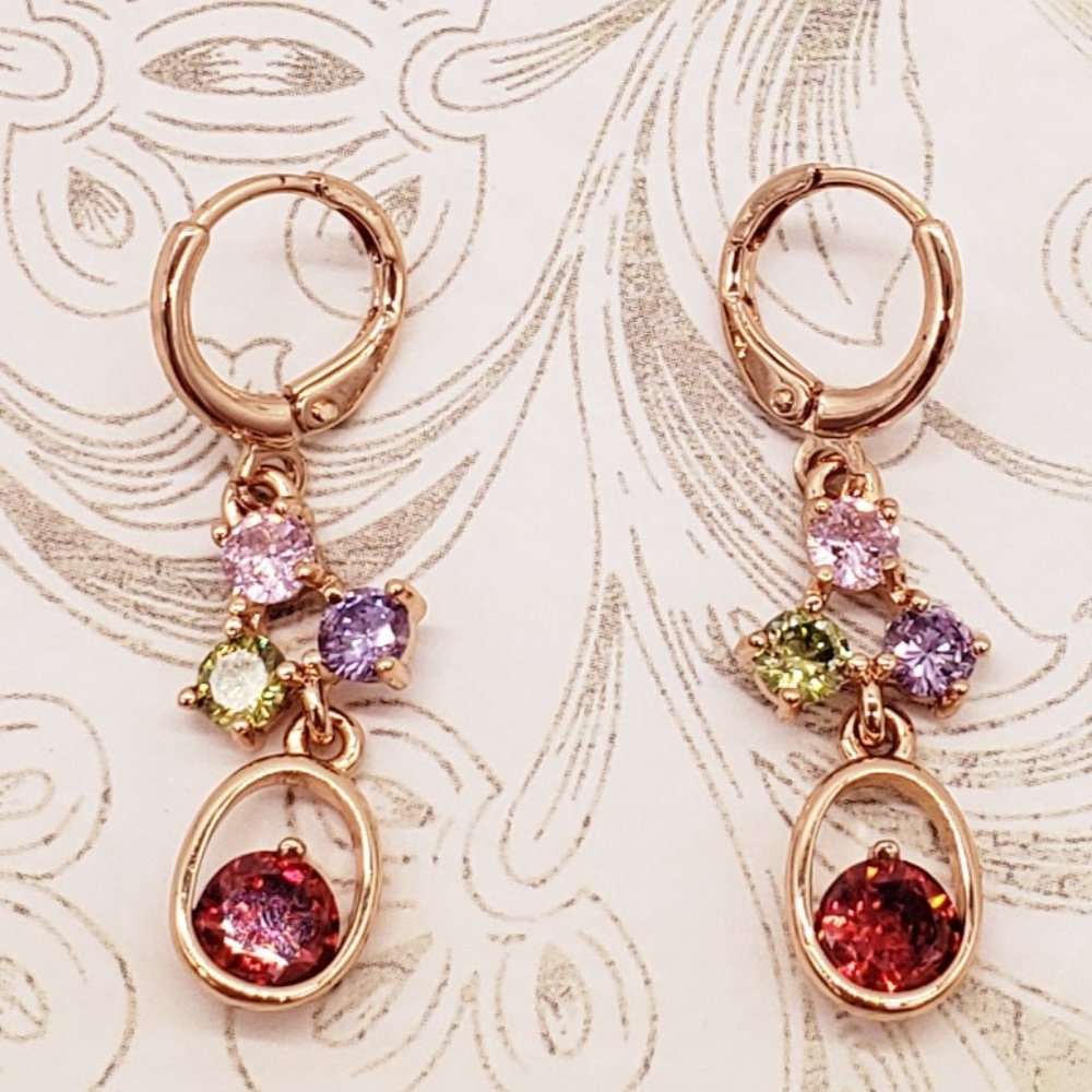 Dainty Gold Tone Lilac, auburn , Light Green Crystal Drop Earrings